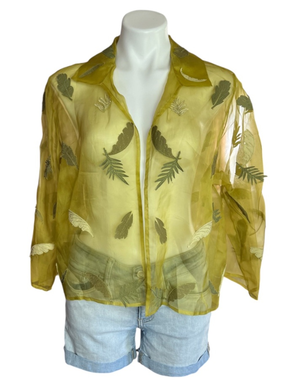 Sheer Olive Green Embroidered Button-Front Blouse Silk